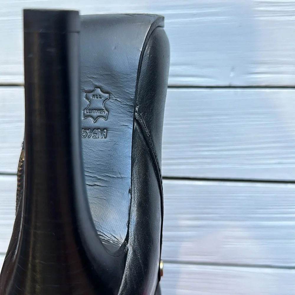 Tory Burch Black Tall Kasey Heeled Smooth Leather Boots Logo size 5.5